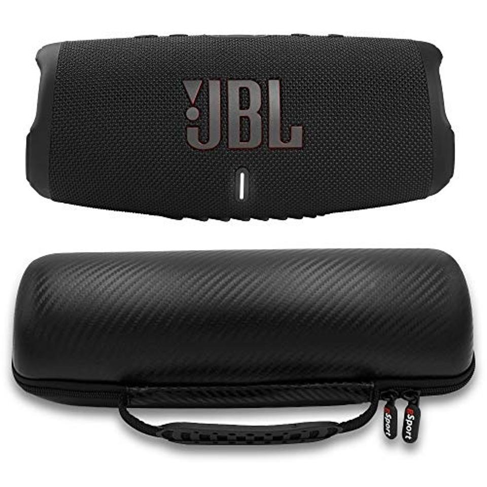 JBL Charge 5 Waterproof Portable Speaker and case on a white background