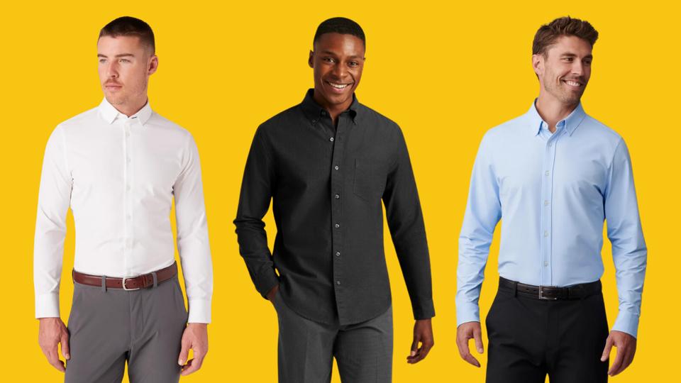 Three of the best dress shirts for men on male figures against a light blue background