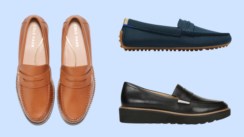 three pairs of loafers against a light blue background