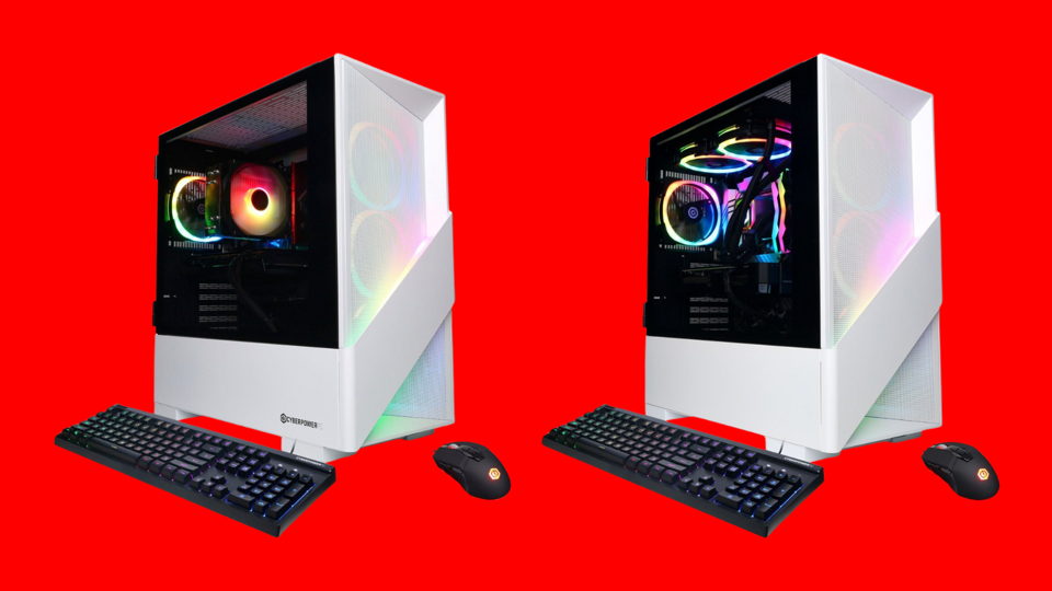 A pair of gaming desktops with mice and keyboards on a red background