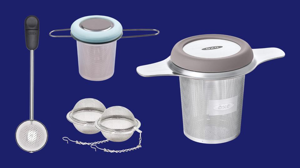 Four different styles of tea infusers against a blue background. 