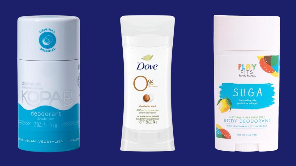 3 sticks of the best deodorants for kids: Kopari, Dove 0% Aluminum, Play Pits Suga