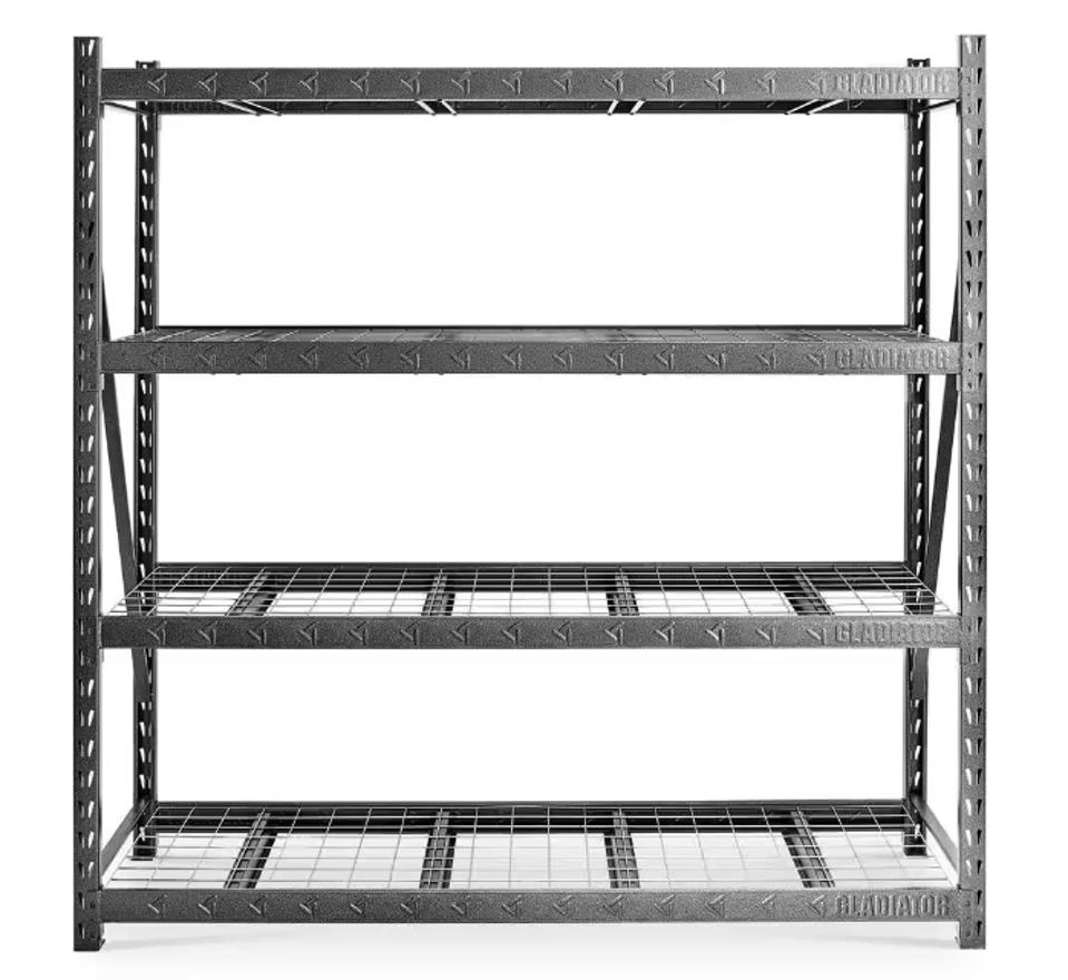 Gladiator Four-Tier Heavy Duty Shelving Unit on a white background.