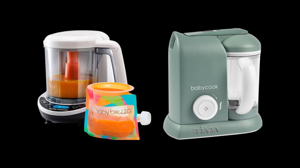 photo of baby brezza one-step baby food maker & puree pouch & green beaba babycook on black