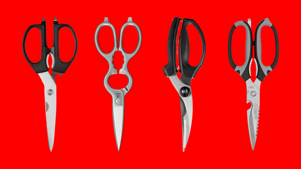 Kitchen shears from Shun, Wüsthof, OXO and Hammer Stahl against a red background.