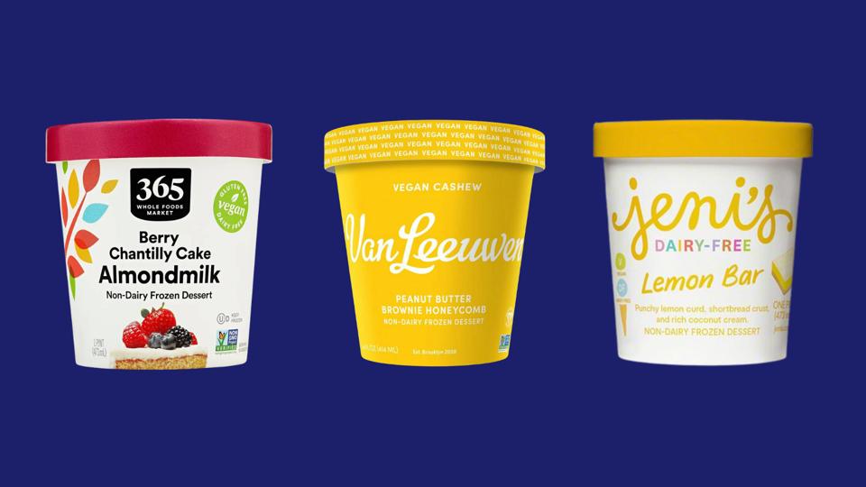 Three vegan ice cream pints from 365 by Whole Foods Market, Van Leeuwen and Jeni's.