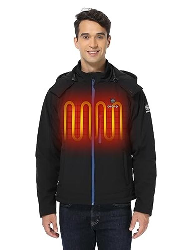 ORORO Men's Soft Shell Heated Jacket with Detachable Hood and Battery Pack (Black/Blue, XL)