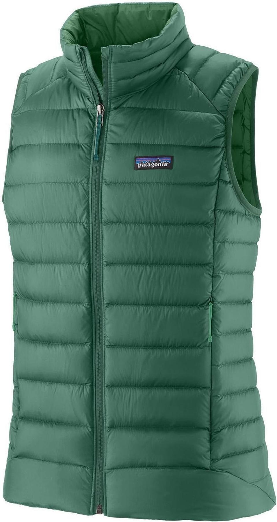 Product shot of a women's Patagonia Down Sweater Vest in Conifer green. 