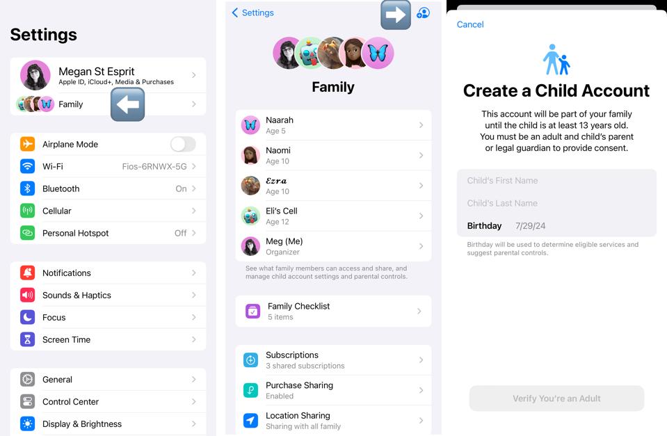 Screenshots of setting up a new child account: "Settings," "Family" and "Create a Child Account" views.