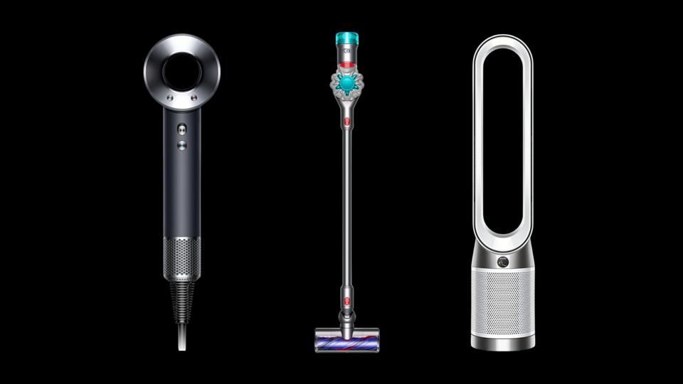 Dyson SuperSonic, V8 Absolute and Purifier Cool on a black background