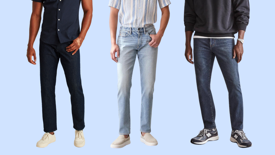 Three pairs of jeans on male figures against a light blue background