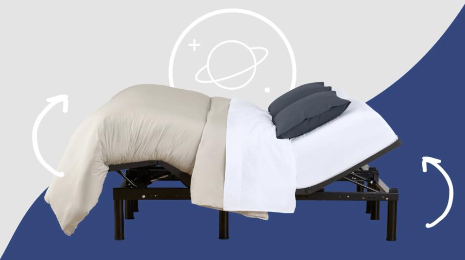 The casper Adjustable Base setup with a mattress and bedding