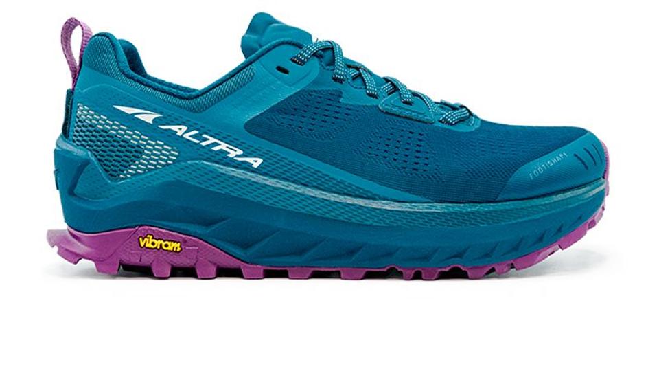 Altra blue Olympus sneakers with purple soles.