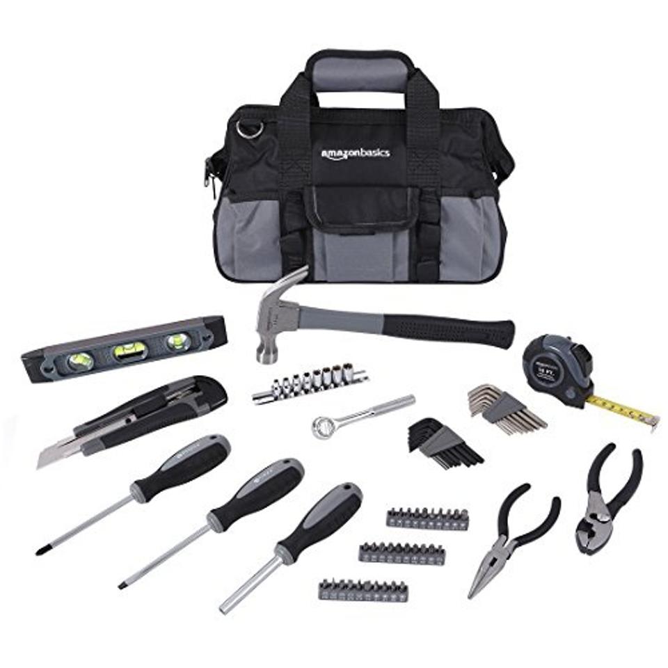 Amazon Basics 65 Piece Home Tool Set With Black and gray bag on white backgrou d