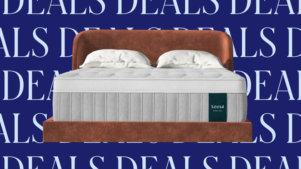 A Leese mattress against a blue "deals" background.