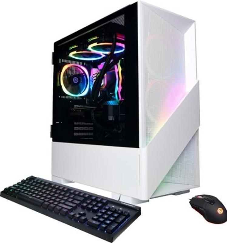 CyberPowerPC Gamer Supreme in white with black mouse and keyboard on white background