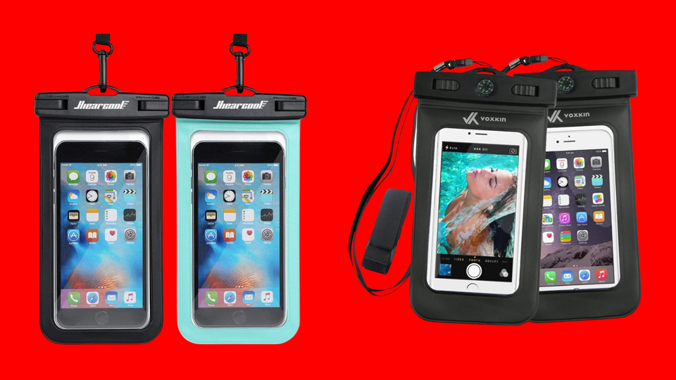 Two examples of waterproof phone holders pictures with phones inside on a red background