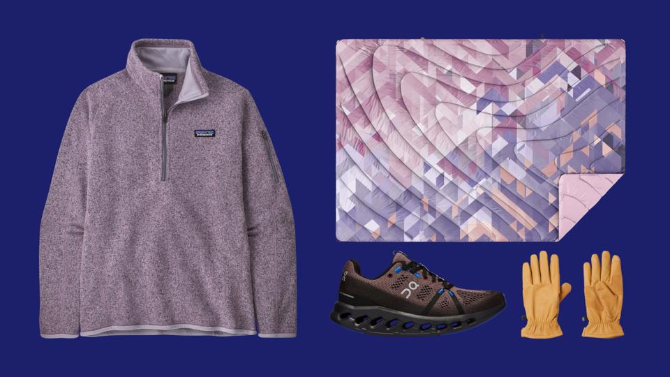 Collage with Patagonia Fleece, On sneaker, trail gloves, and an outdoor blanket. 