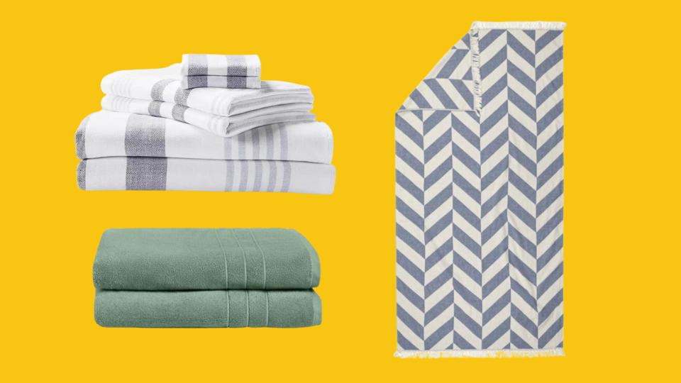 A selection of the best Turkish towels, set against a yellow backdrop.