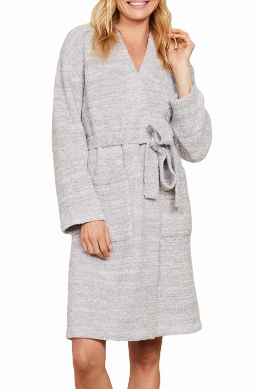 Woman wearing a grey Barefoot Dreams CozyChic Short Robe