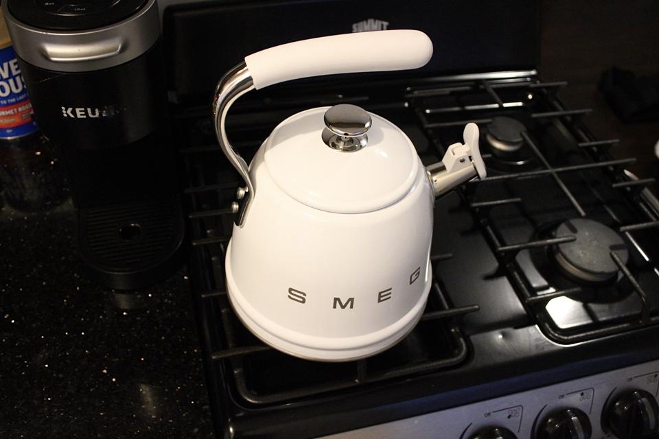 Smeg's Whistling Tea Kettle on a stove.