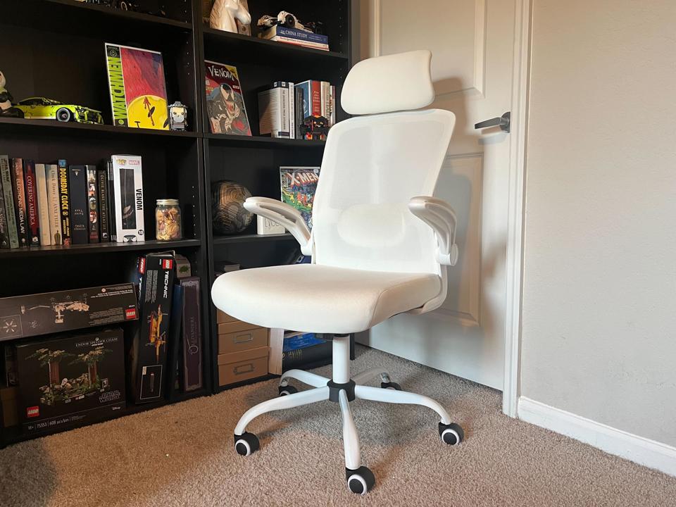 white mimoglad chair next to black bookshelf with videogame display on brown carpet white door