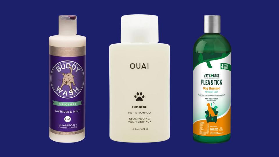 Buddy Wash 2-In-1 Dog Shampoo And Conditioner, Ouai Fur Bébé Pet Shampoo and Vet’s Best Flea And Tick Advanced Strength Dog Shampoo against a dark blue background.