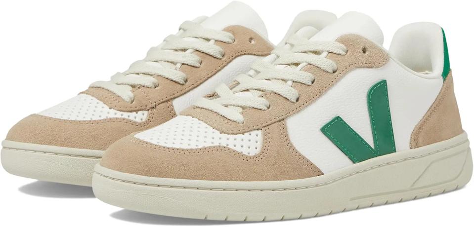 Veja V-10 Sneakers in tan and green.