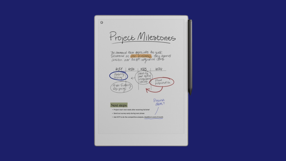 A reMarkable Paper Pro tablet and pen on a dark blue background