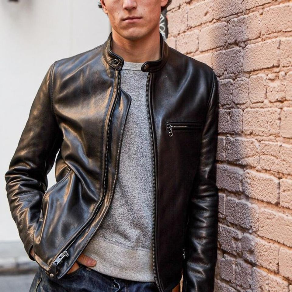 Schott’s Waxed Natural Pebbled Cowhide Cafe Leather Jacket