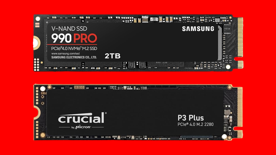 Two SSDs on a bright red background