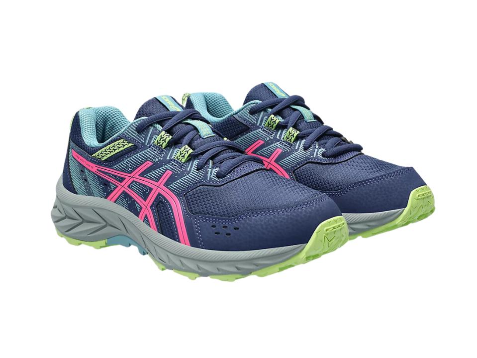 photo of pair of Asics pre Venture 9 Grade School shoes in blue/coral on white background