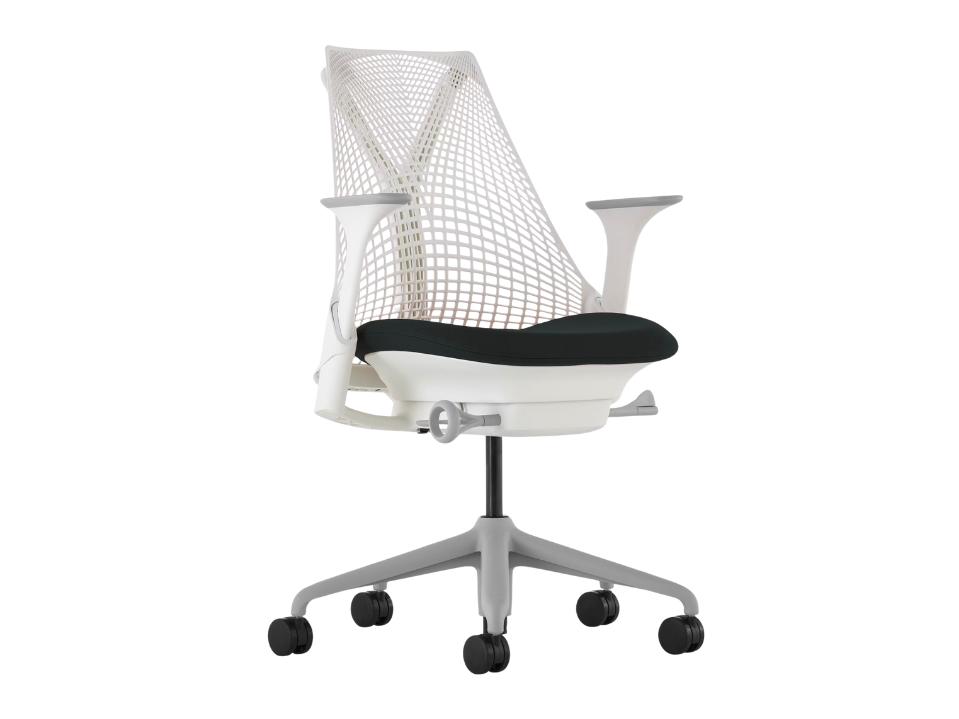 Sayl office Chair Herman Miller white and black grey black seat cushion on white background