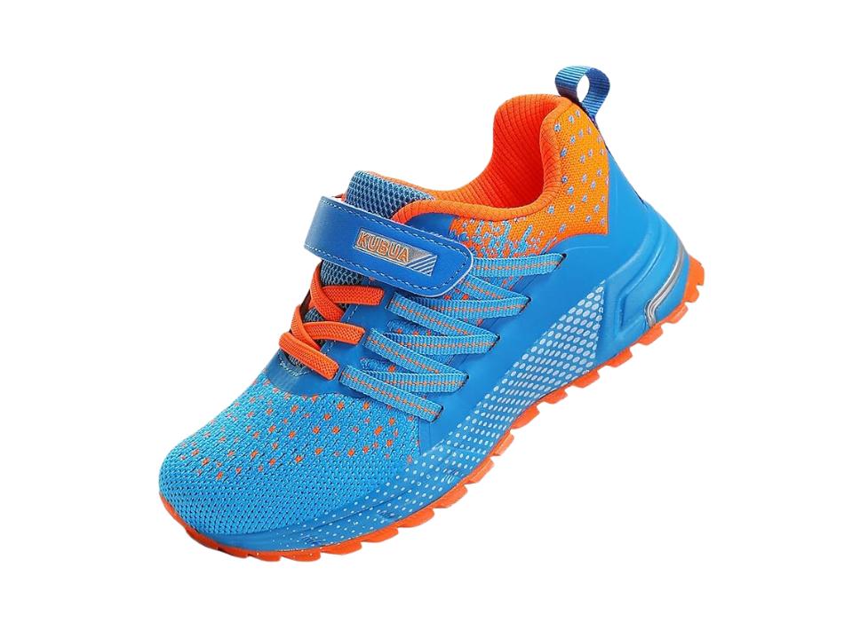 photo of left Kubua Kids Sneaker in blue and orange on white background