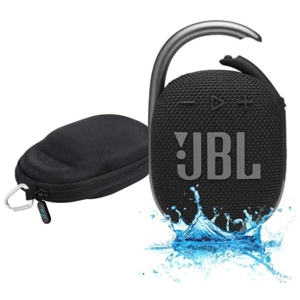 JBL Clip 4 Waterproof Portable Bluetooth Speaker and case on a white background