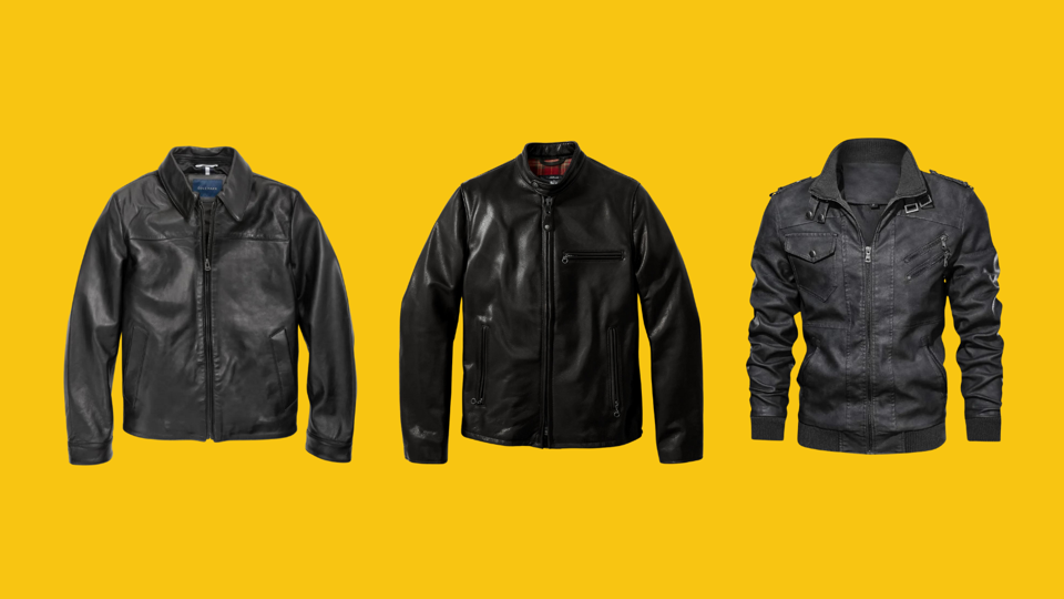 Three of the best men's leather jackets on a yellow background