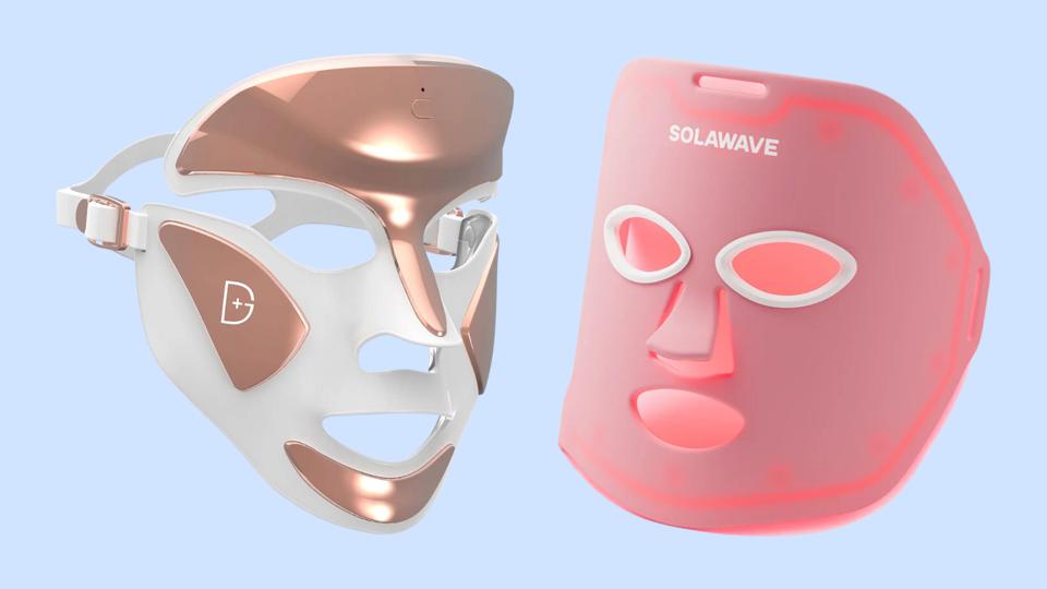 Two LED face masks against light blue background