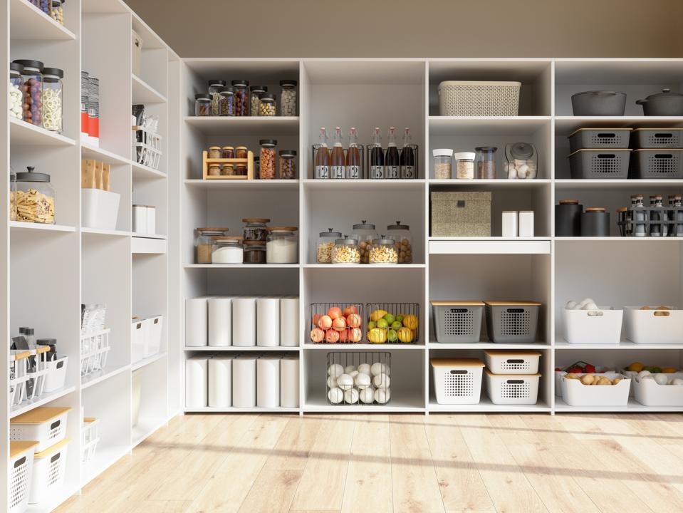 Organised Pantry Items In Storage Room With Nonperishable Food Staples, Preserved Foods, Healty Eatings, Fruits And Vegetables.