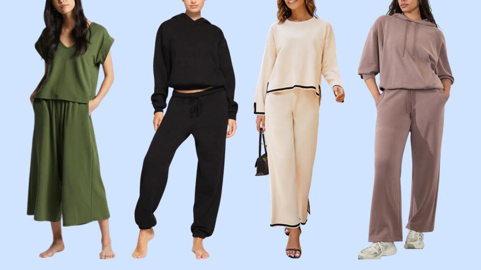 Four models wearing loungewear against light blue background