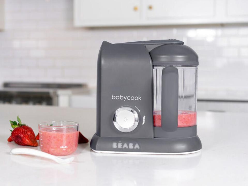 photo of gray Beaba Babycook Solo Baby Food Maker w/ strawberry puree on white kitchen top