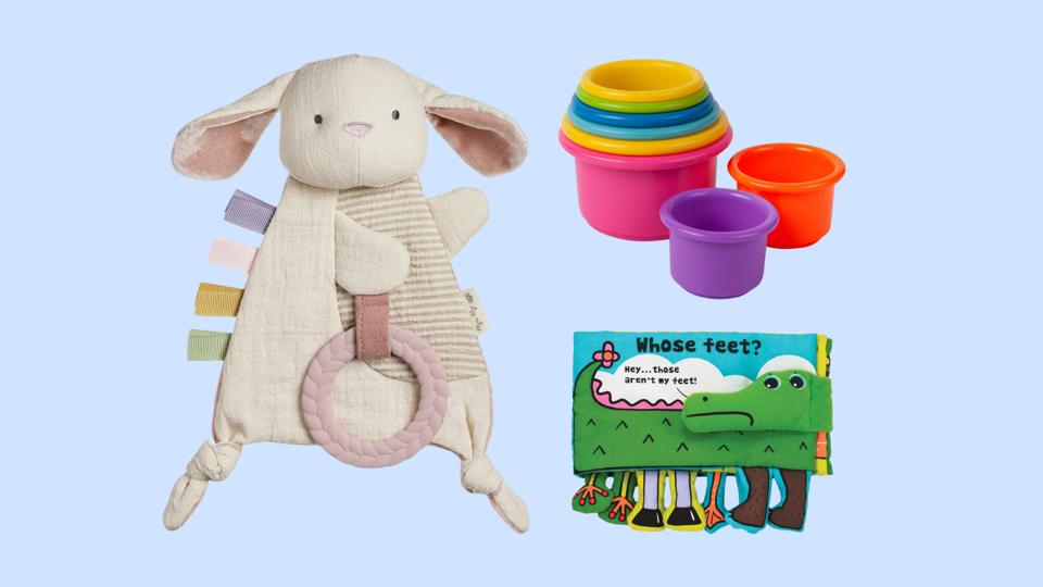 Three of the best newborn toys against a light blue background.