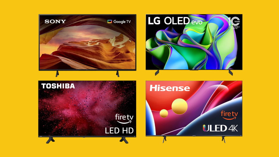 Sony, LG, Toshiba, and Hisense TVs against a yellow background. 