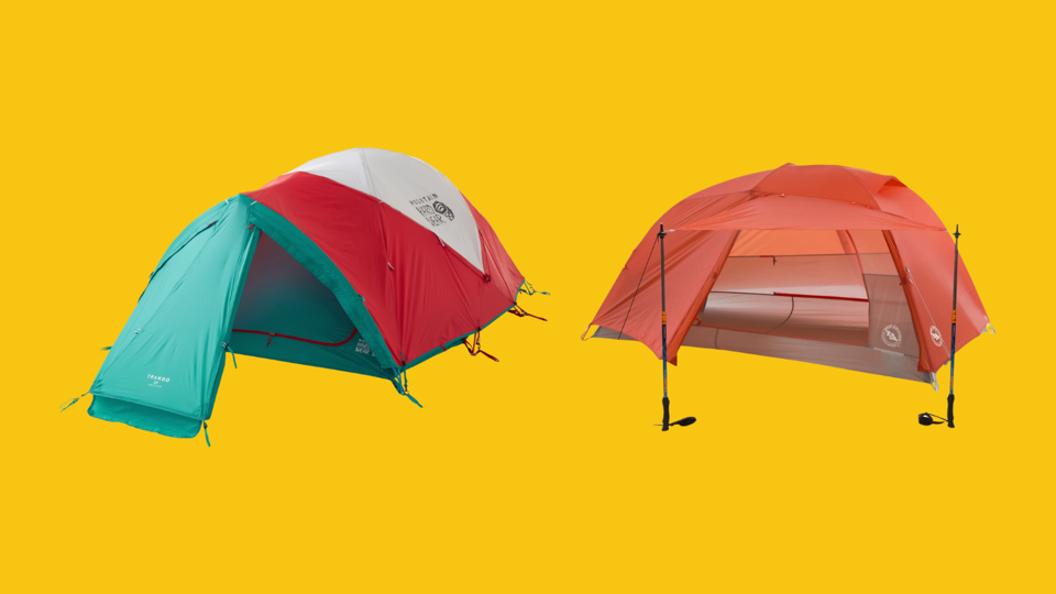 Two two-person tents on a bright mustard yellow background