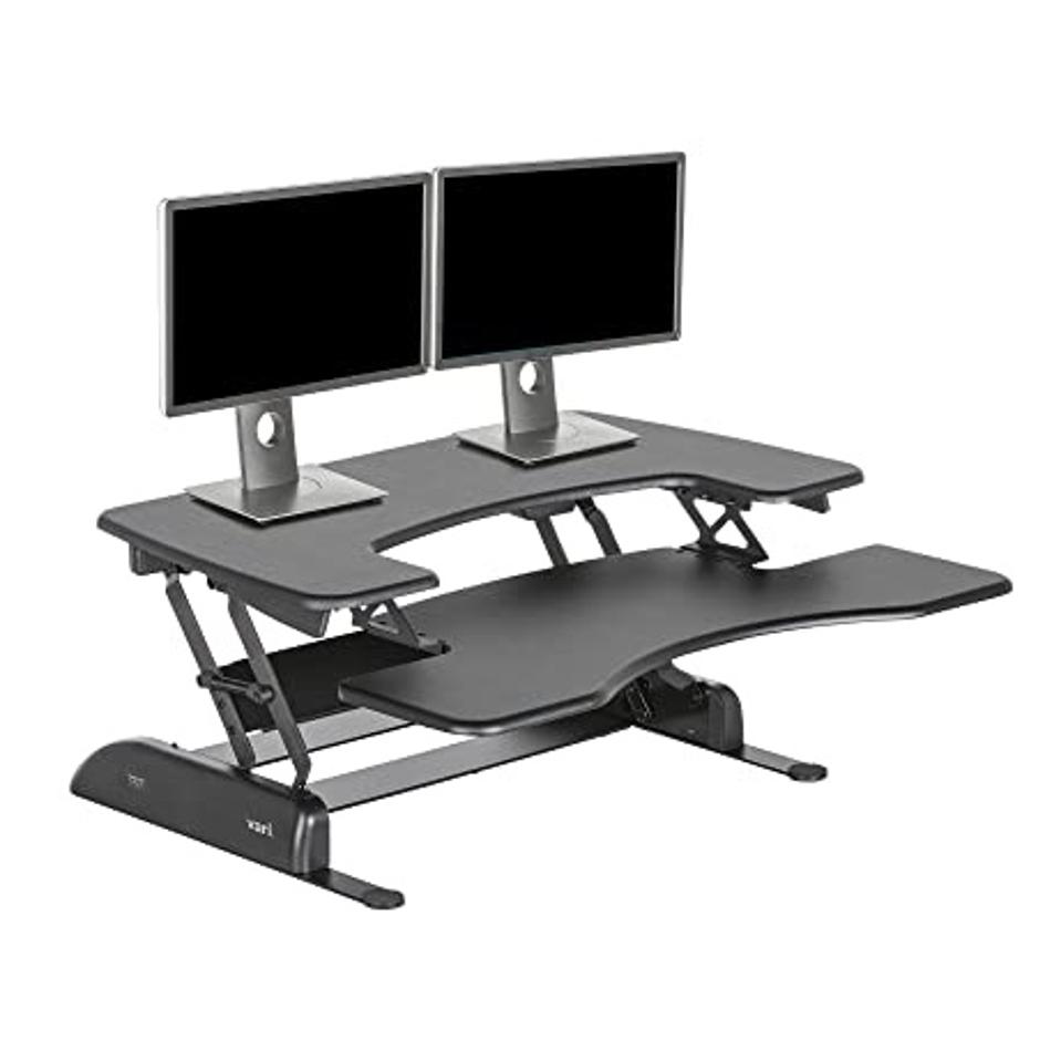 The Vari VariDesk Pro Plus 36 with two monitors on it on a white background