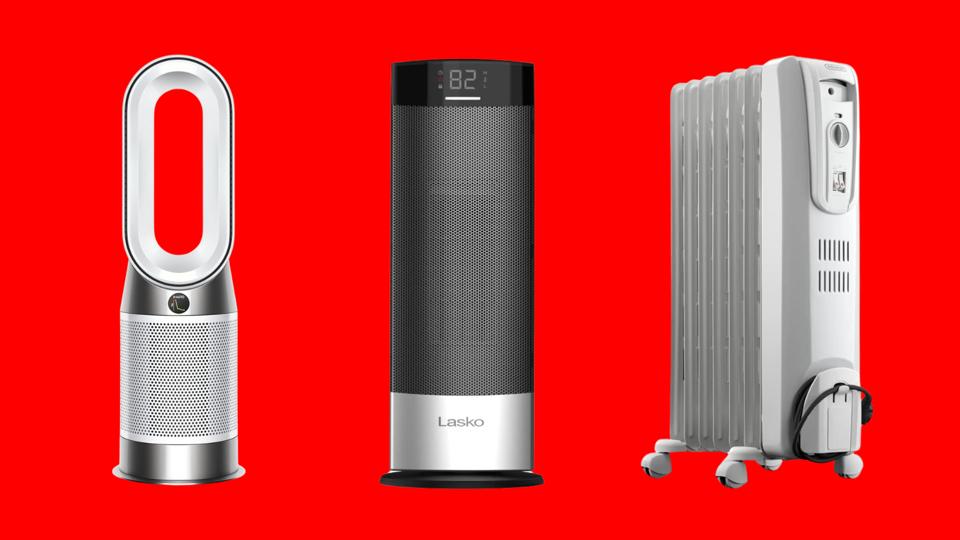 Space heaters from Dyson, Lasko and De'Longhi against a red background.