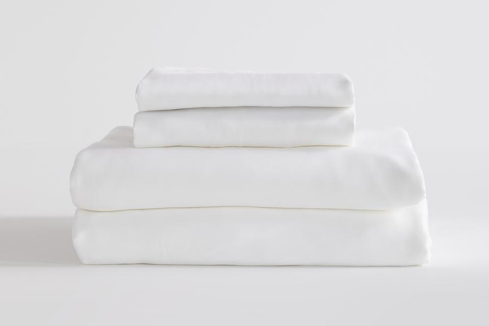 Organic Bamboo Viscose Sheet Set in white on a white background. 