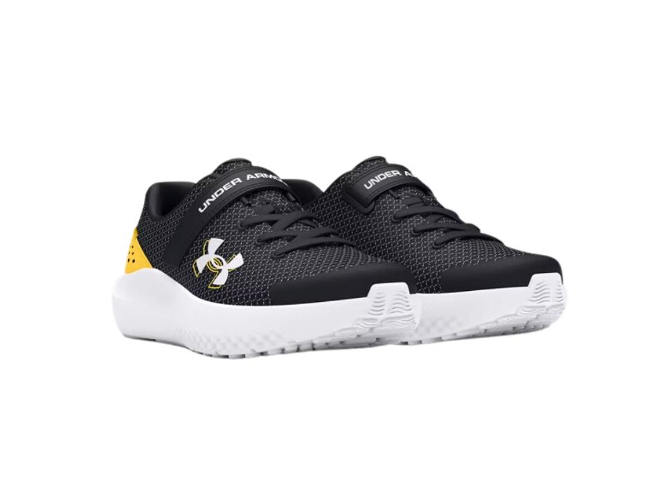 image of pair of Under Armour Pre-School UA Surge 4 AC black yellow on white background