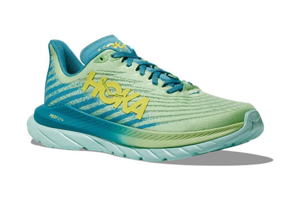 Product shot of the HOKA Mach 5 Running Shoe in the Lime Glow/ Ocean Mist colorway.