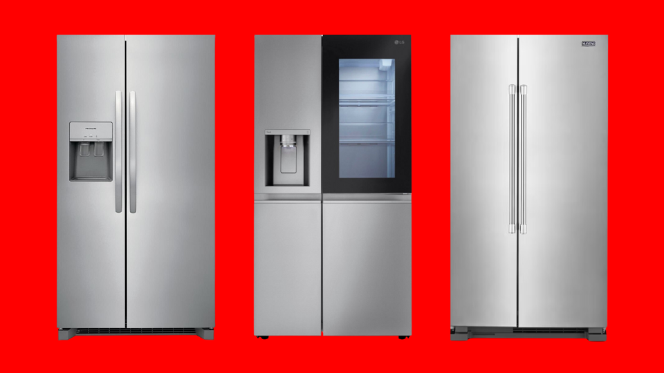 Three different refrigerators on a red background.