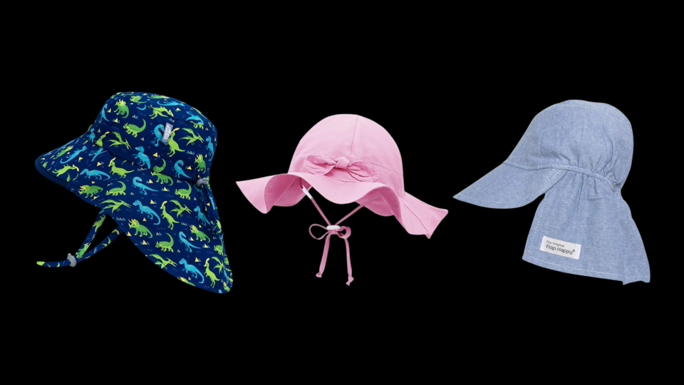 Three sun hats for babies on a black background